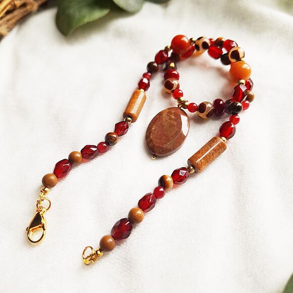 Brown Jasper & Red Jade Beaded Pendant Necklace - 24k Gold Plated Stainless - Picture 8 of 16